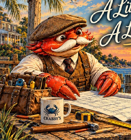 Original dapper Crabby character artwork from the contractor invitation, dressed in a vintage cap, vest, and tie