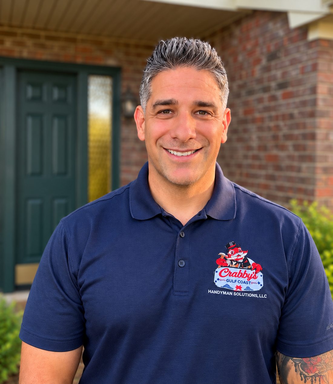 Owner of Crabby's Gulf Coast Handyman Solutions wearing a branded polo shirt outside a home